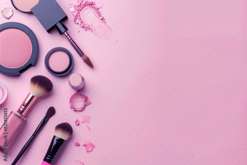 Top view of makeup items on a pink background with copy space Top view of makeup items on a pink background with copy space