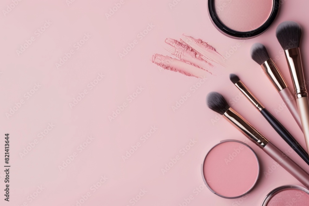 Top view of makeup items on a pink background with copy space Top view of makeup items on a pink background with copy space