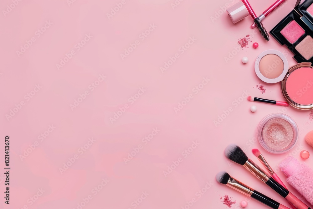 Top view of makeup items on a pink background with copy space Top view of makeup items on a pink background with copy space