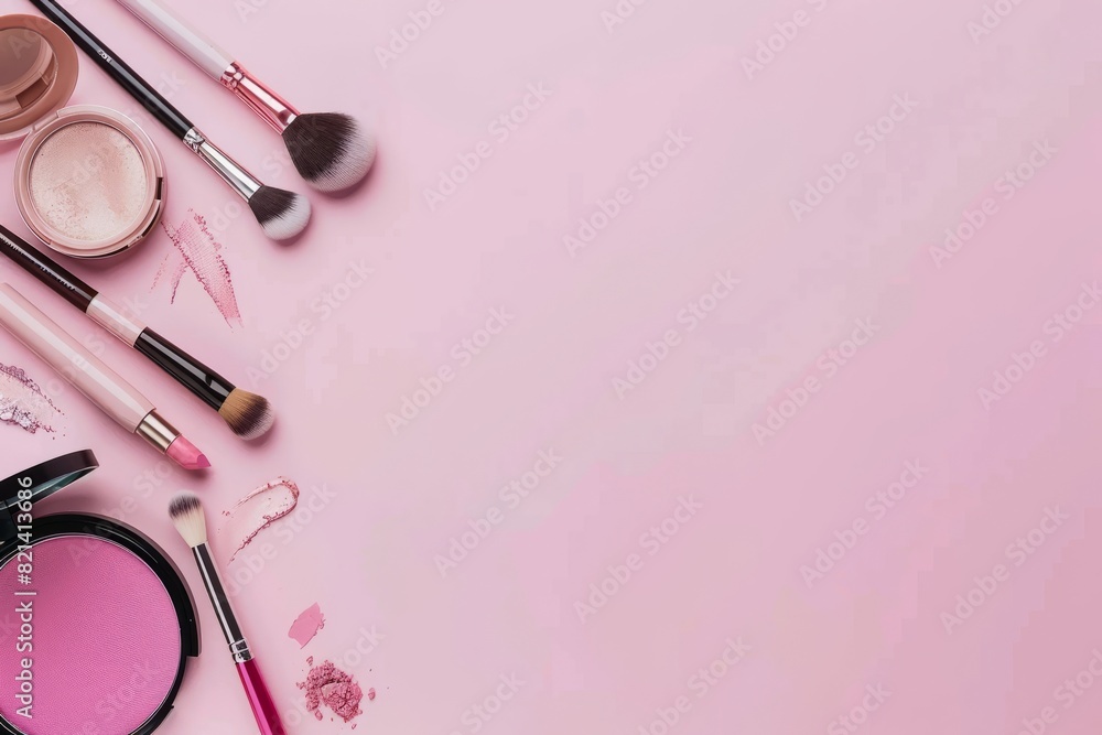 Top view of makeup items on a pink background with copy space Top view of makeup items on a pink background with copy space