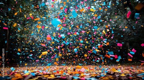 Brightly colored confetti suspended in the air above a forest ground, creating an energetic and vibrant visual scene in a natural outdoor setting