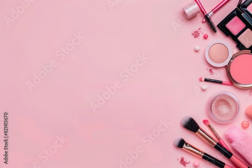 Top view of makeup items on a pink background with copy space