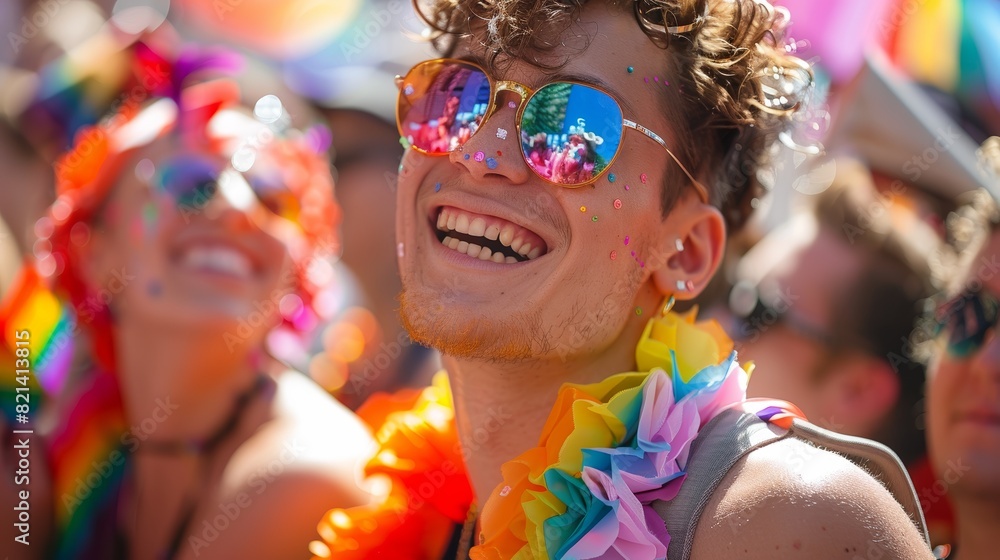 Young man wearing sunglasses reflecting a crowd and colorful decorations at a vibrant outdoor festival enjoys the moment Young man wearing sunglasses reflecting a crowd and colorful decorations at a vibrant outdoor festival enjoys the moment