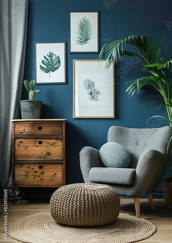 Grey armchair and pouf in living room interior with wooden cupboard against blue wall with posters