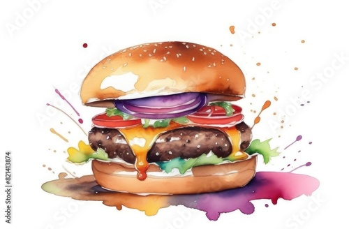 Burger on white background. Fast food, cheeseburger, American food. watercolor illustration
