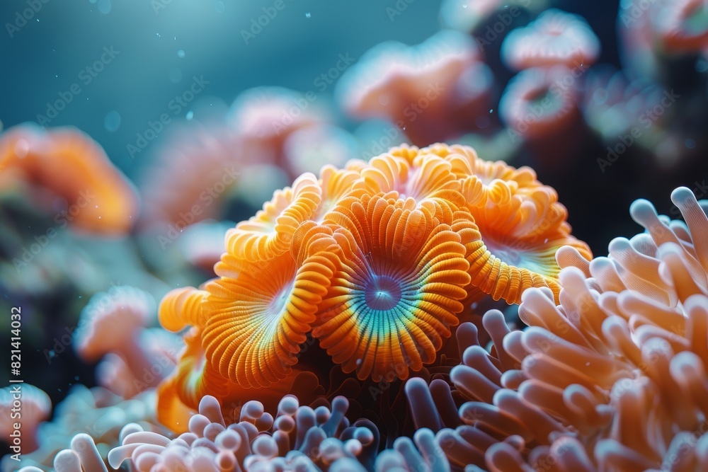 Vibrant close-up of coral under water, exhibiting a plethora of colors and textures, capturing the delicate beauty and complexity of marine ecosystems Vibrant close-up of coral under water, exhibiting a plethora of colors and textures, capturing the delicate beauty and complexity of marine ecosystems