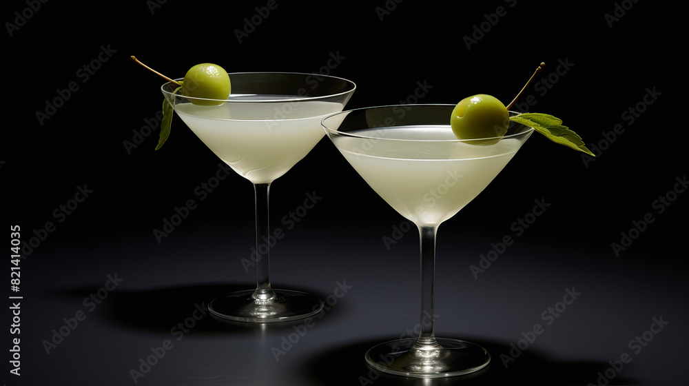 Two glass white cocktail on a dark background. Ai art. Two glass white cocktail on a dark background. Ai art.