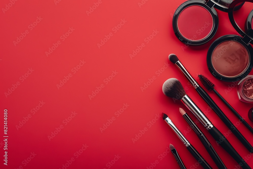 Top view of makeup items on a red background with copy space Top view of makeup items on a red background with copy space