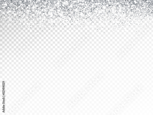 Silver or white glitter lights background. Sparkling glittering rain effect. Luxury frame for Christmas, wedding, birthday party. Transparent background can be removed in vector format.