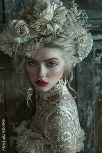 A young woman with striking blue eyes and bold red lips wears an elaborate floral headdress in a vintage setting, exuding an ethereal aura