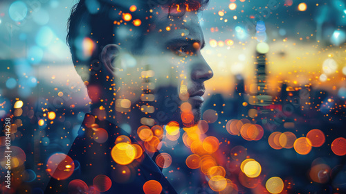 Portrait of young business man on city lights background, thinking person and abstract blurred buildings at night. Concept of multiple, future, people, office