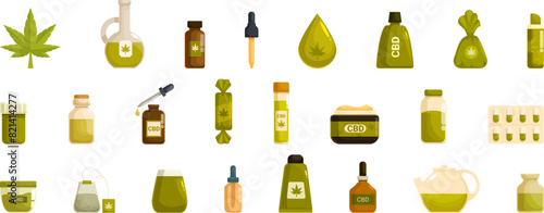 Hemp cannabinoid extract vector. A collection of various green items, including bottles, cups, and bags, with the word cannabis written on some of them