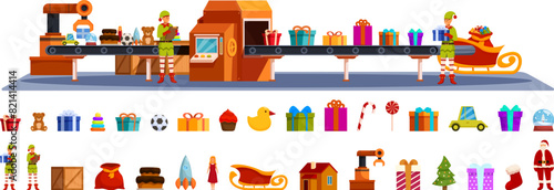 Christmas factory conveyor vector. A cartoon of elves working in a factory with a conveyor belt of presents. The elves are busy sorting through the presents, with some of them being toys. The scene is