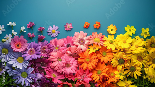 An artistic composition of rainbow-colored flowers arranged in the shape of a flag, representing LGBTQ+ pride and diversity, with space for text or branding