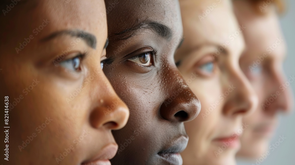 Three diverse women's profiles showing a variety of skin tones and facial features in a close-up view, symbolizing racial diversity and unity Three diverse women's profiles showing a variety of skin tones and facial features in a close-up view, symbolizing racial diversity and unity