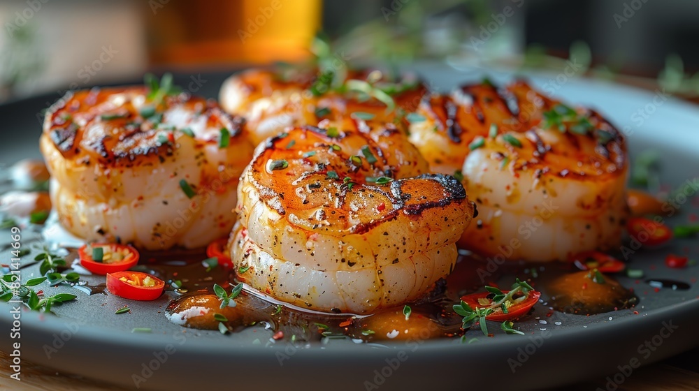 Close-up view of juicy grilled scallops garnished with herbs and spices on a dark plate, highlighting the appeal of gourmet seafood cuisine Close-up view of juicy grilled scallops garnished with herbs and spices on a dark plate, highlighting the appeal of gourmet seafood cuisine