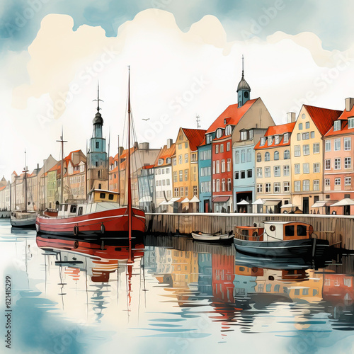 Copenhagen colored houses illustration. Old town and canal with boats.