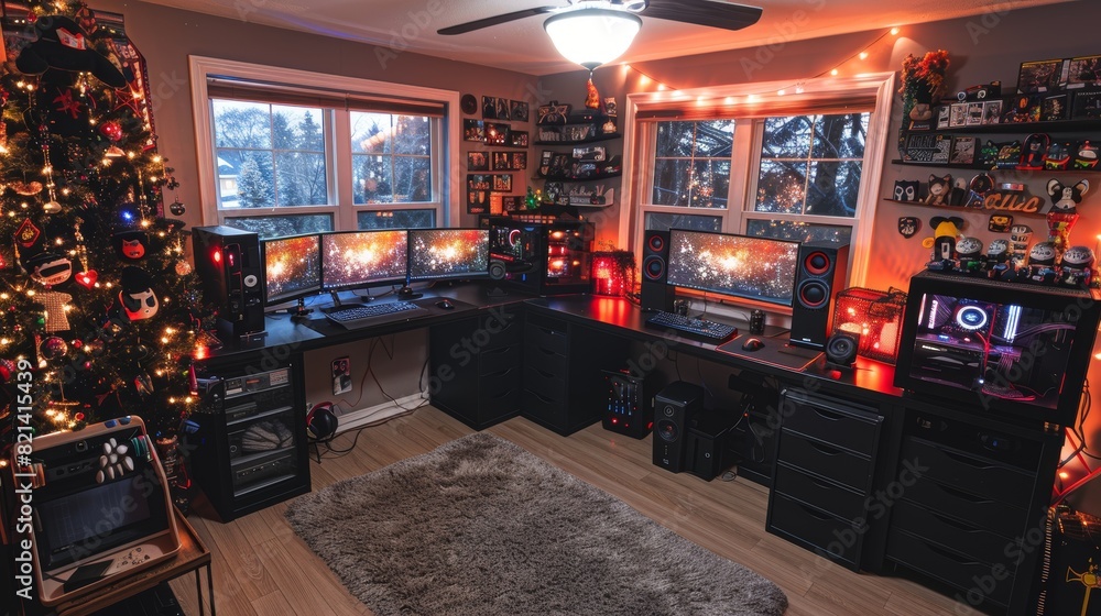 A cozy and festive home office setup featuring multiple monitors, a meticulously decorated Christmas tree, and ambient lighting perfect for productivity and relaxation