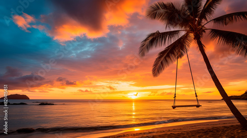 Romantic beach sunset. Palm tree with swing hanging between palm trees.