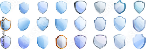 Glass protect shield vector. A collection of blue and silver shields. The shields are all different sizes and shapes. Some are large and rectangular, while others are small and circular. The shields
