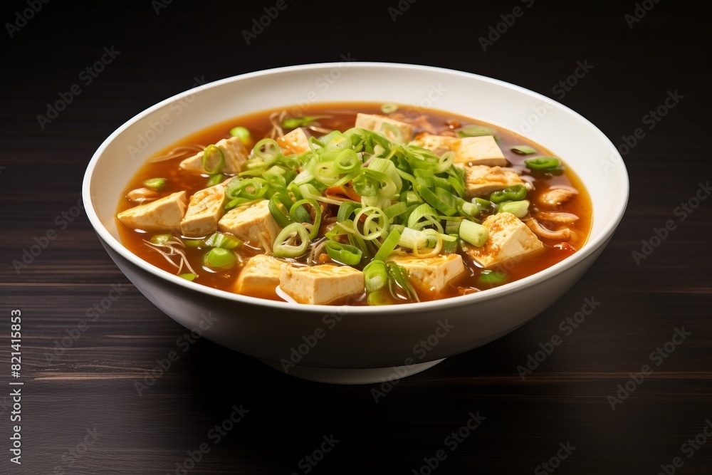 A savory bowl of Asian tofu soup with green onions, served in a white bowl, on a dark wooden surface, providing a healthy and delicious meal option. A savory bowl of Asian tofu soup with green onions, served in a white bowl, on a dark wooden surface, providing a healthy and delicious meal option.