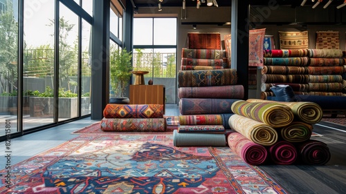 A store with many different colored rugs on display