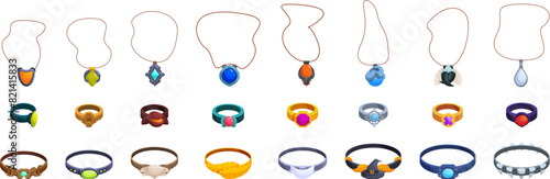 Witch jewelry vector. A collection of necklaces and rings are shown in a row. The necklaces are of various sizes and colors, and the rings are also of different sizes and colors. Scene is one of
