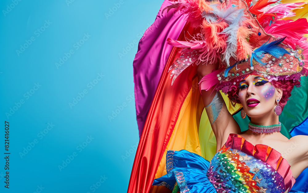 Portrait of a drag queen in full costume, striking a pose with a ...