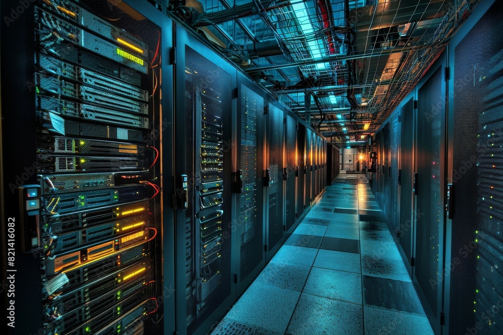 Computer network server room, Crowded server room in action, AI generated Computer network server room, Crowded server room in action, AI generated