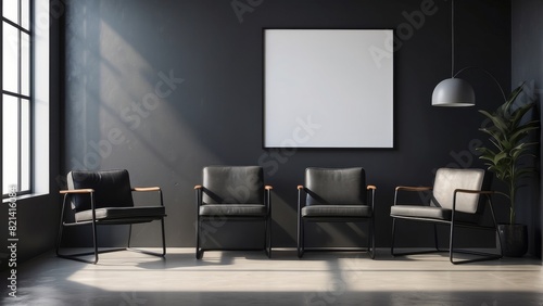 Black wall background with minimal chairs, and blank poster frame