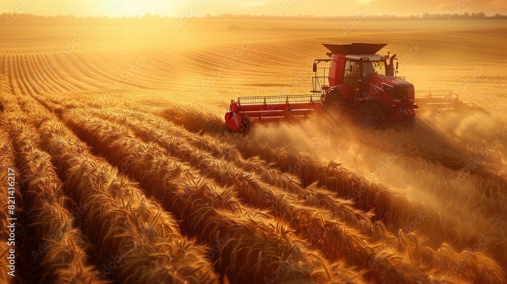 Fototapeta premium A tractor collects crops in the field. A red combine harvester works in an open wheat field, the sun's rays shining through clouds of dust.