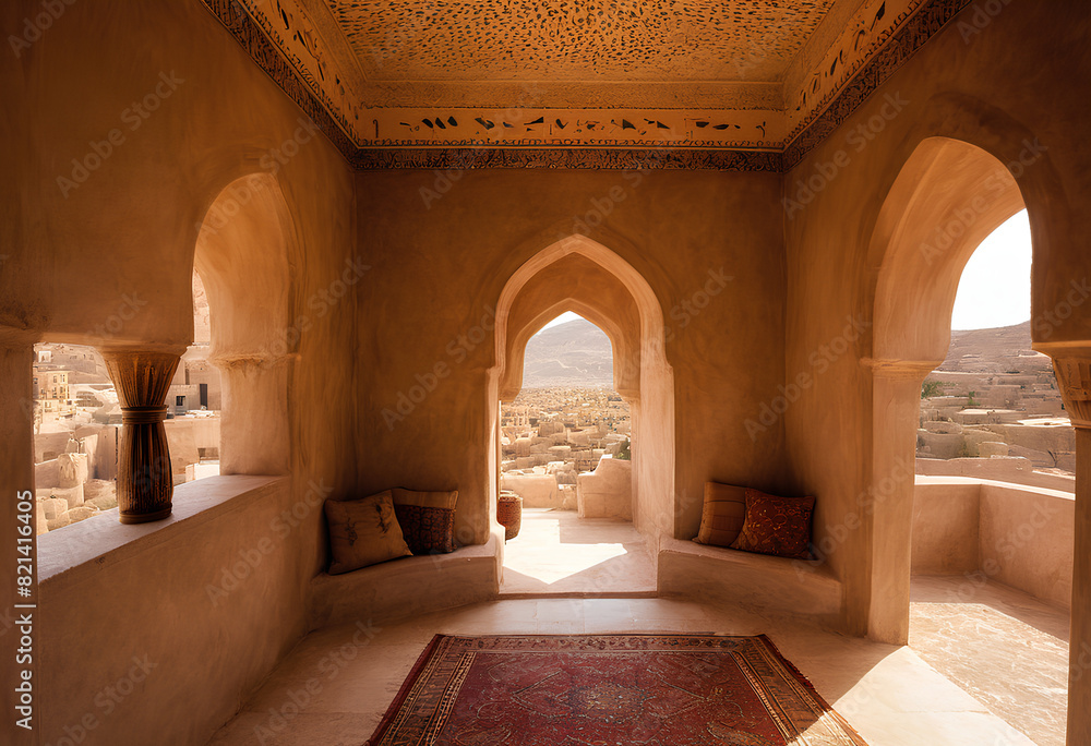 Interior of an old traditional Arabic house under strong sunlight with