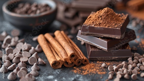 solid aromatic cinnamon on the table in chocolate, chocolate chips and sticks of fragrant cinnamon spice close-up