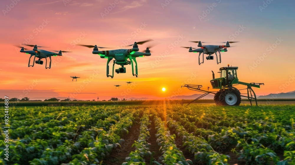 Drone and tractor working together in an agricultural field at dusk, bright green crops under an orange sky, multiple drones hovering overhead in modern agricultural technology style. Drone and tractor working together in an agricultural field at dusk, bright green crops under an orange sky, multiple drones hovering overhead in modern agricultural technology style.