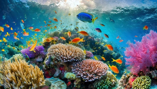 A vibrant coral reef teeming with colorful fish and sea creatures.