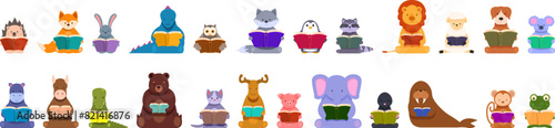 Animals read fairy tales vector. A group of cartoon animals are reading books. Some of the animals are reading while others are just sitting