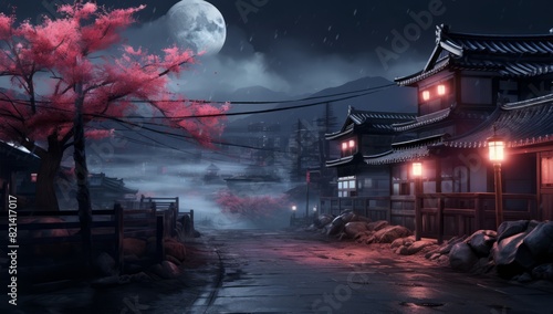 Rural Reverie Cherry Trees and Evening Fog in Japan.