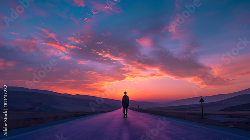 image captures a serene moment on an open road: The road stretches out into the distance, disappearing into the horizon