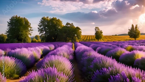 Breathtaking lavender fields in bloom under a sunset sky, ideal for nature themes, agritourism promotion, and Provence-related content photo