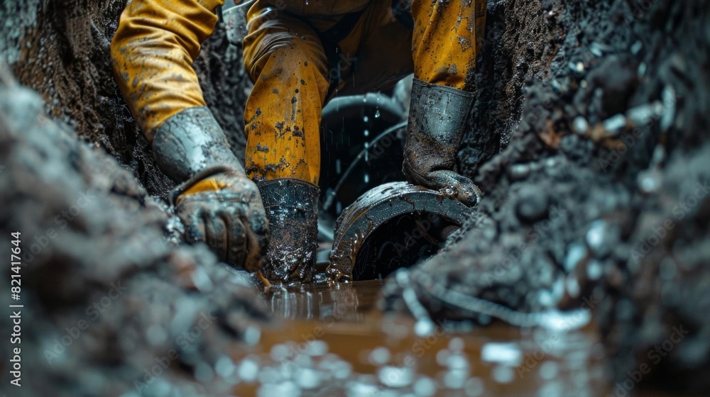 Obraz premium Professional Plumber Repairing Broken Pipe Underground