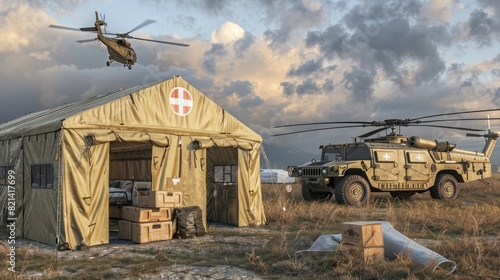 An army medical tent with two white crosses on the side, outside, in an open field, next to a mobile hospital and a military helicopter flying overhead. A military vehicle is parked next to it. photo