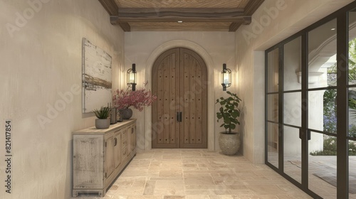 A rustic wooden door with an arched top into the house  next to the front door stands a long table made of weathered white oak with black iron fittings.