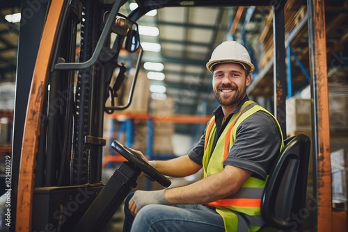 A warehouse worker operates a forklift safely while donning safety gear, handling equipment cautiously, and maintaining a positive approach towards challenges in an industrial environment