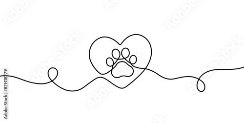 Paw prints. Hand drawn background footprint pet, dog or cat. Continuous line animal. Drawing single outline. Foot marks. Black silhouette paws. Cute print for design. Trace bg. Vector illustration