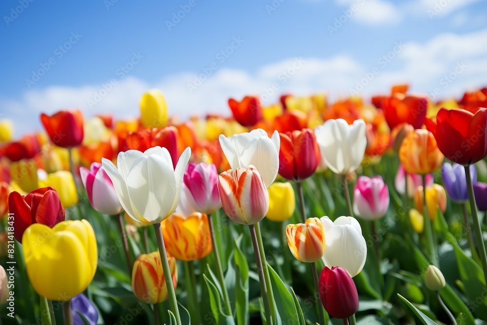 Beautiful field of colorful tulips in full bloom under a bright blue sky with fluffy clouds, displaying the vibrant colors of spring. Beautiful field of colorful tulips in full bloom under a bright blue sky with fluffy clouds, displaying the vibrant colors of spring.