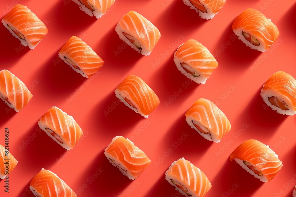 Top view of uramaki sushi pieces. Red background. Symmetrical pattern Top view of uramaki sushi pieces. Red background. Symmetrical pattern