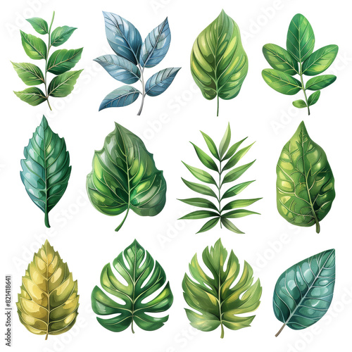 Hand-drawn green and yellow leaves in various shapes for botanical designs