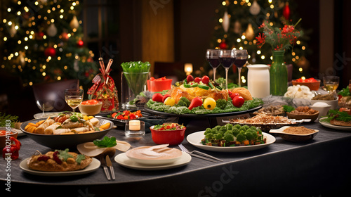 Dinner table full of dishes with food and snacks, Christmas and New Year's decor with a Christmas tree on the background,Christmas Dinner Table with Delicious Cuisine,Holiday Banquet: Christmas Tree 