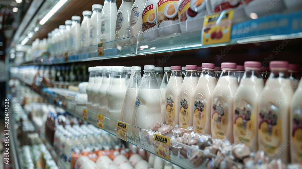 Dairy aisle in a supermarket with milk bottles and other products on refrigerated shelves.
