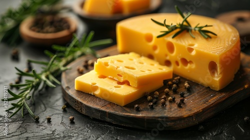 Yellow hard cheese sliced on a board, delicious high-quality cheese cut during cooking